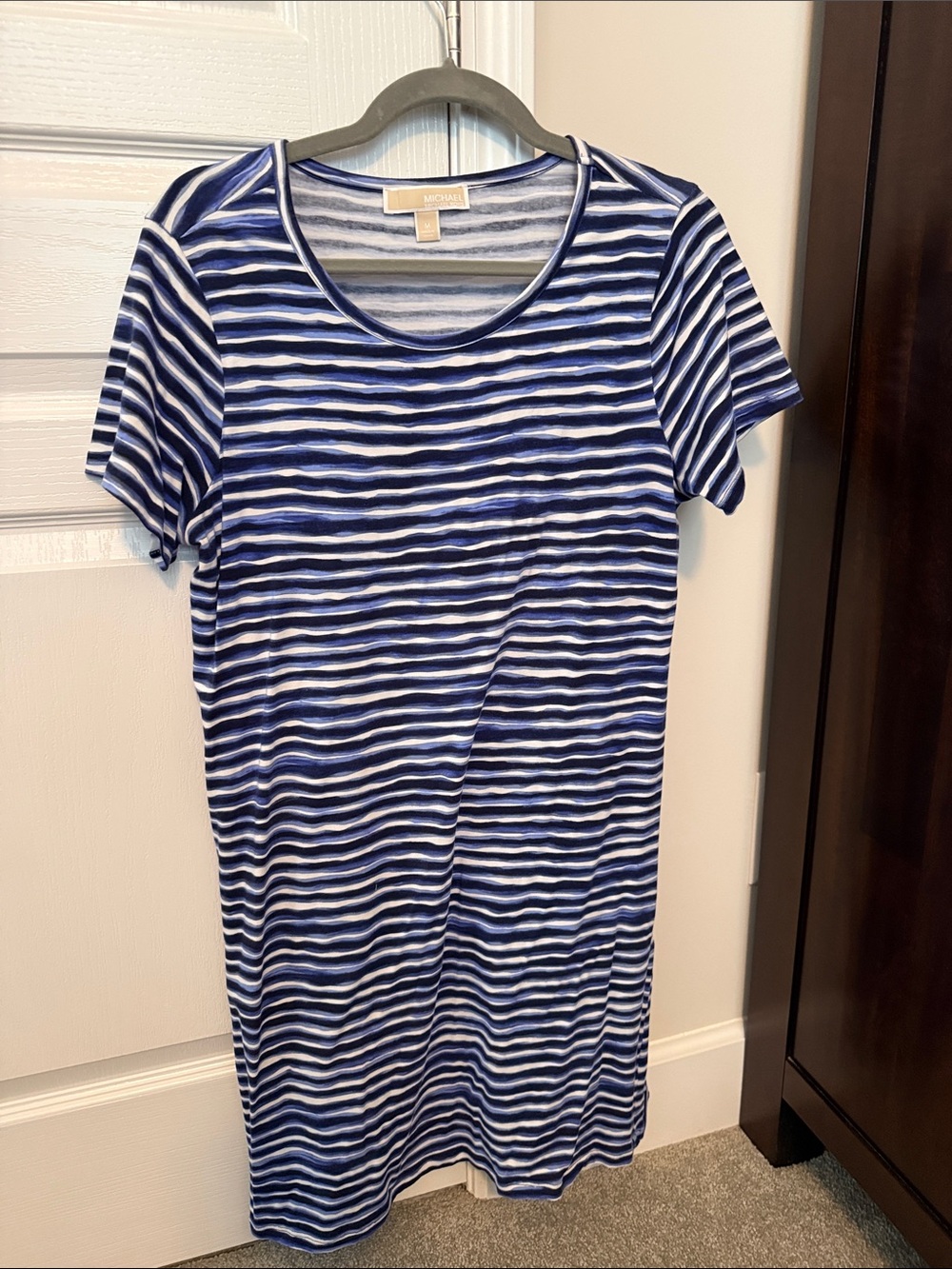 Michael Kors Navy and White Striped Midi T-Shirt Dress